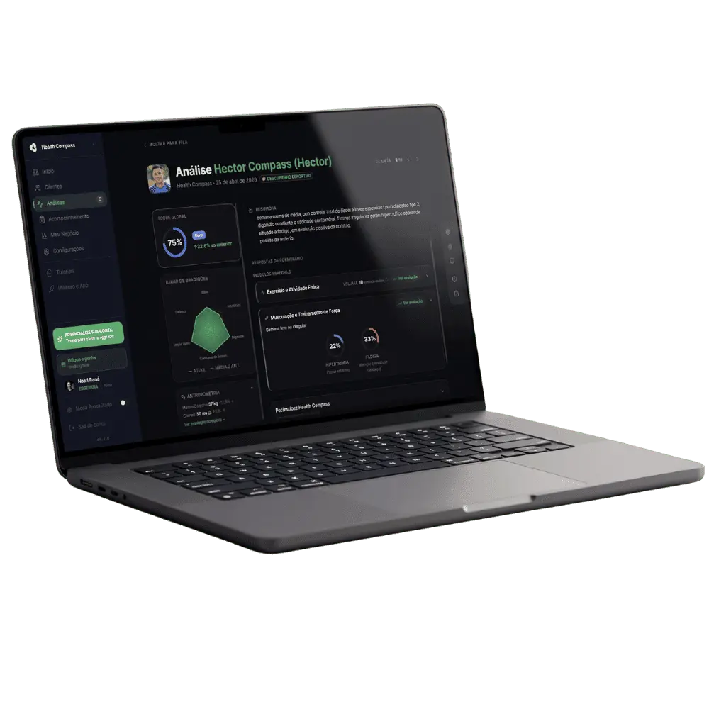 MacBook mostrando o Health Compass com análise completa do Cliente